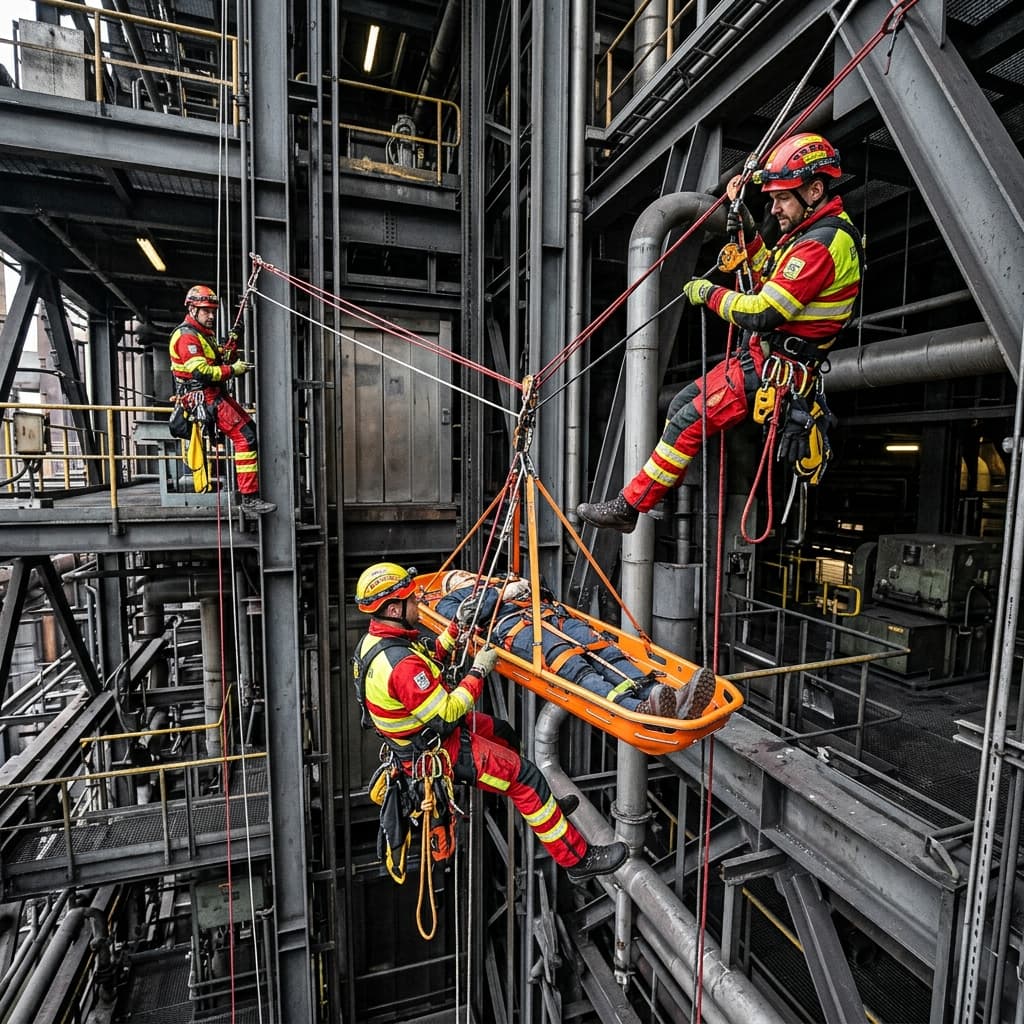 Equipe técnica altamente qualificada da Pentágono Alpinismo realizando operação complexa de resgate vertical