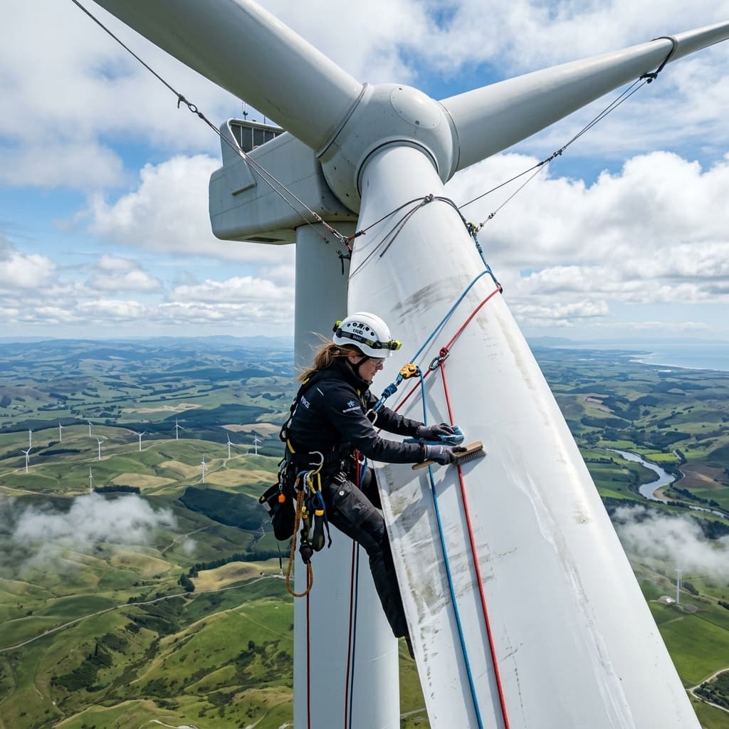 Operário alpinista especializado realizando acesso por cordas de segurança na lateral de um aerogerador